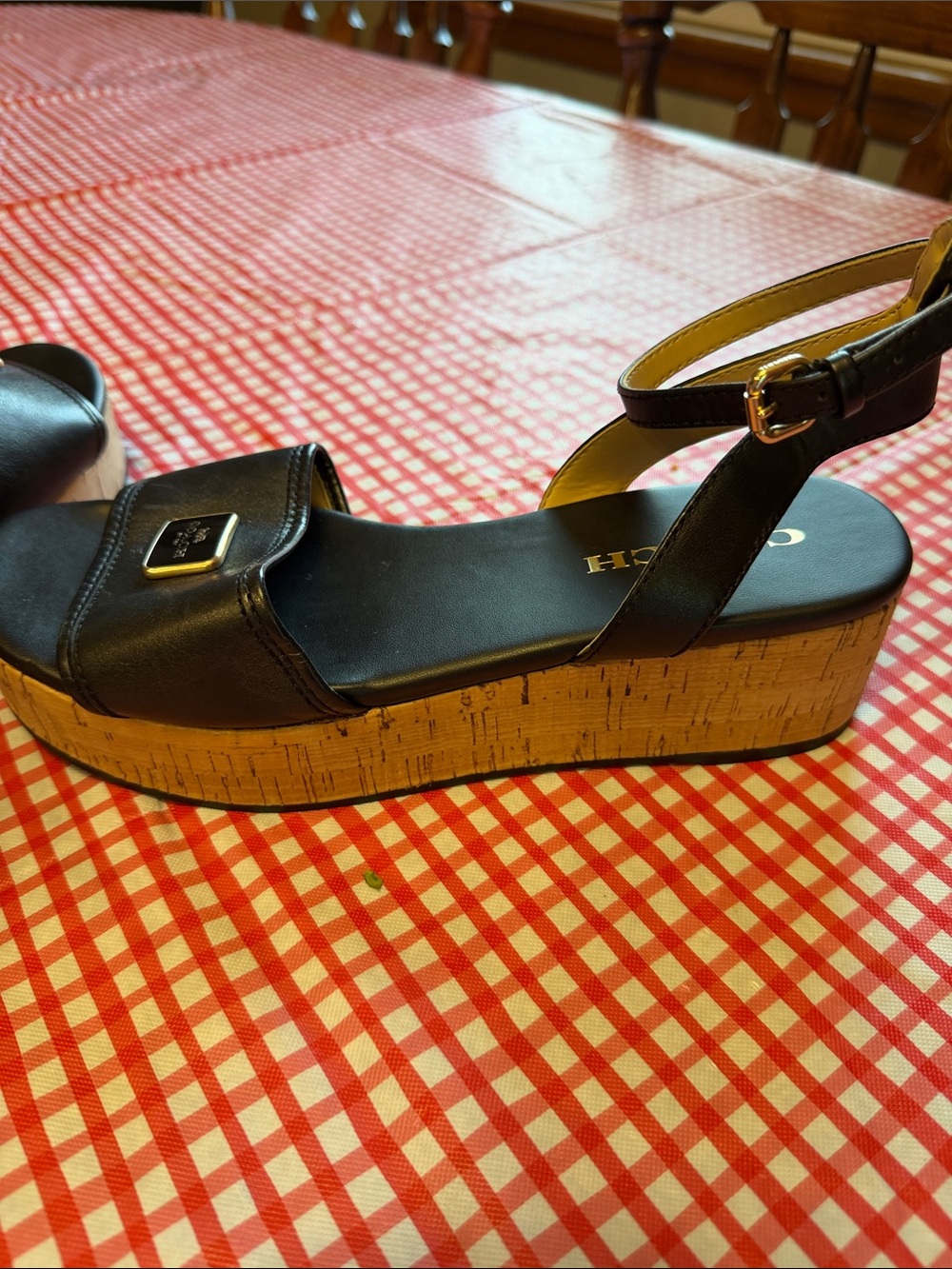 COACH size 8 Black Leather Cork Wedge Sandals with Ankle Strap - Picture 7 of 8